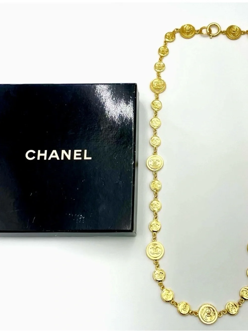 Authentic Chanel Coco Mark Coin Motif Gold GP 142g Long Necklace W/Box
